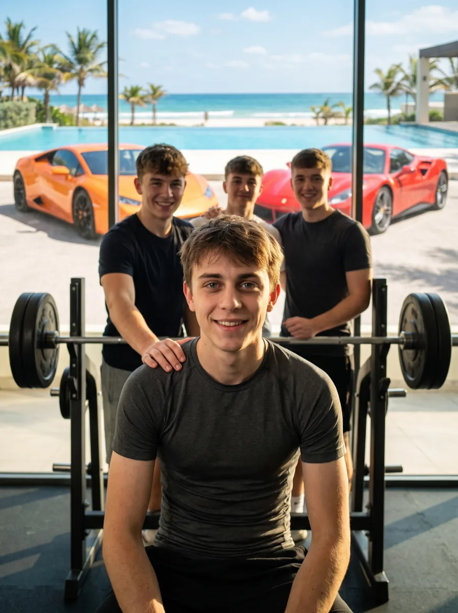 The same young man in daylight at a gym with three friends.