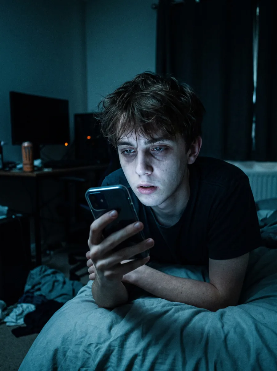 A young man lying in bed at night, lit by his phone.